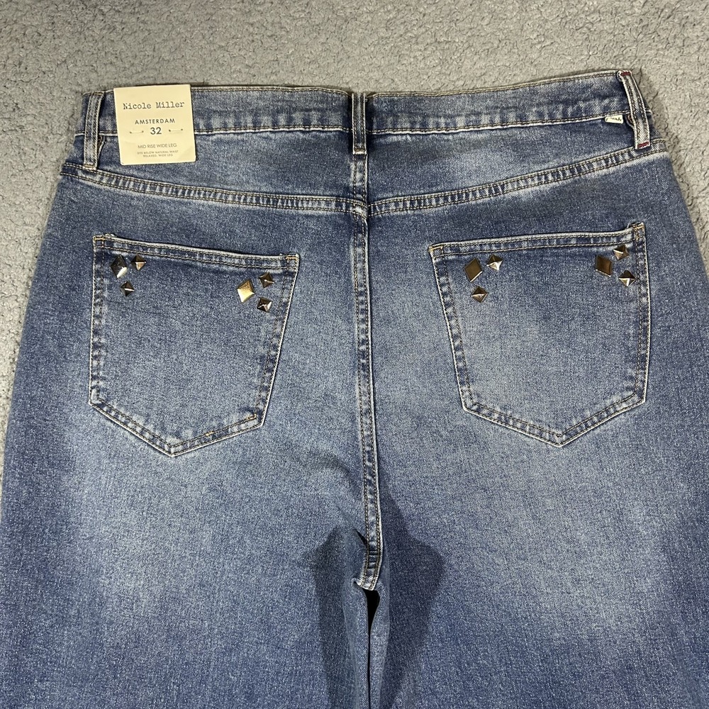 Nicole Miller Amsterdam Mid Rise Wide Leg Blue Jeans Womens 32 Studded #3889 - Picture 5 of 10
